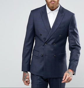 Reiss Blu Navy Lana Slim Fit A Doppio Petto Giacca Quadrettata XL 42 Nuovo