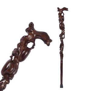 Trekking Poles Wooden Walking / Hiking Stick w/ Hand-Carved Deer Steel Heft Grip