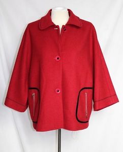 HANFEINI - L/XL - Solid Red 100% Wool - Baby Doll Cape Style - 3/4 Sleeve Coat