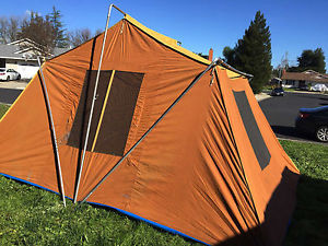 Rare Vintage Camel Brown and Tan Canvas Cabin 9' 10" X 13' 10" Tent