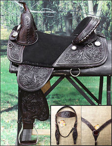 HILASON TREELESS WESTERN TRAIL BARREL RACING LEATHER SADDLE BRIDLE COLLAR SET 14
