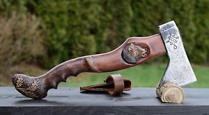 VINTAGE VIKING NORLUND AXE HATCHET TOOL CARVED HANDLE LEATHER SHEATH