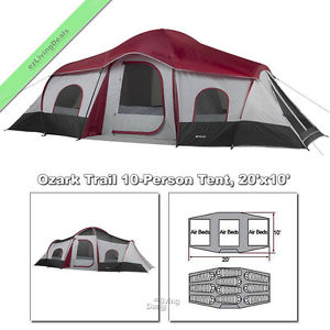 Ozark Trail Cabin Tent 10 Person 3Rm 20x10' Family Outdoor Camping Tents, 3 Door