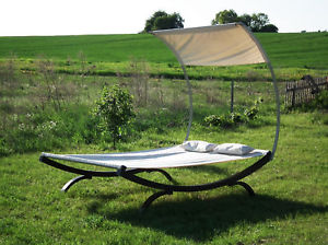 Luxus Doppelliege Länge 215 x Breite 140cm Holz Brauntöne Hängematte Sonnenliege