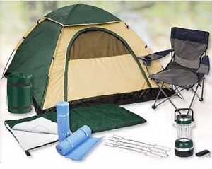 Stansport 2 Person Camp Bundle Tent Chair Mats Sleep Bags Lantern Hot Dog Forks