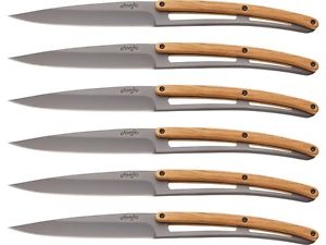 deejo Couteau de steak, 6er-Set Avec Carton, Bois d'olivier, Revêtement titane
