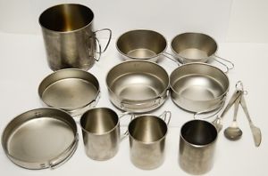 Titanium Japan Camping Cookware Set 13 Piece Pots Pans Mugs USED some not marked