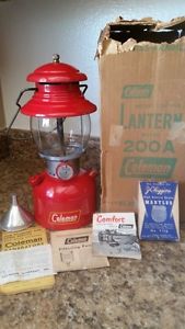 Vintage 1953 Red 200A Coleman Lantern w/ Original Box, Mantles, Papers & Funnel