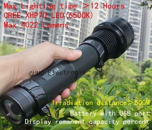 XHP70 LED Flashlight Rechargeable 18650battery USBport4022LM Search patrol torch
