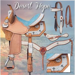 15 Inch Western Barrel Saddle Pkg - Desert Hope Motiff - White Hair - Blue Suede