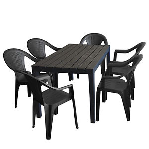 Gartengarnitur Campingmöbel-Set Kunststofftisch 138x78cm + 6x Stapelstuhl Anthr.