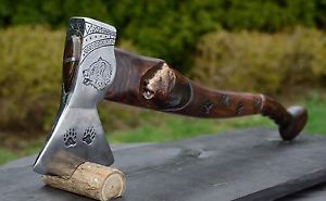 VINTAGE VIKING STYLE AXE HATCHET TOOL CUSTOM ENGRAVING CARVED BEAR HANDLE