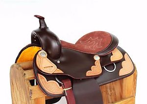 15" BROWN TOOLED LEATHER PLEASURE TRAIL RANCH COWBOY HORSE WESTERN SADDLE TACK