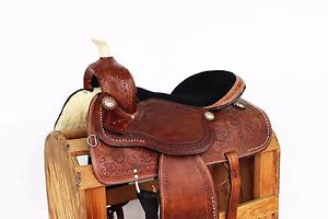 16" BROWN TOOLED LEATHER PLEASURE TRAIL RANCH COWBOY HORSE WESTERN SADDLE TACK
