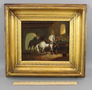 Small Antique 19thC O/C Oil Painting 16thC Stable & Horses No Reserve!