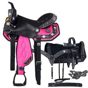 Tough 1® Pro Trail Saddle w/ Square Crystal Conchos - 7 Pc Pkg 15" Pink
