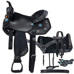 Tough 1® Pro Trail Saddle w/ Turquoise Cross Conchos 7 Pc Pkg 16" Black