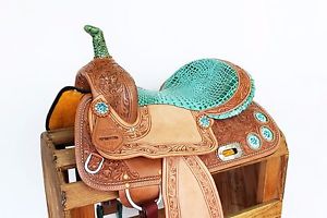 14" TURQUOISE GATOR ROUGH OUT WESTERN LEATHER TRAIL BARREL HORSE SADDLE TACK