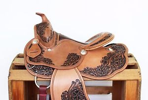 14" TWO TONE FLORAL WESTERN LEATHER PLEASURE TRAIL BARREL HORSE SADDLE TACK