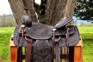 17" SILVER LACED TOOLED LEATHER HORSE COWBOY PLEASURE TRAIL WESTERN SADDLE TACK