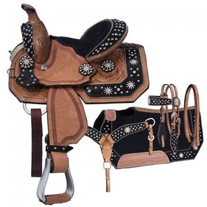 Tough-1 High Noon Barrel Saddle Package 8" Black Hair Overlay