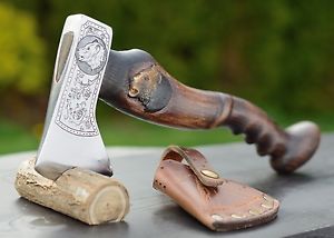 VINTAGE VIKING NORLUND HUDSON BAY AXE HATCHET CARVED BEAR HANDLE LEATHER SHEATH