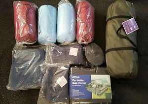 camping equipment..tent, portable gas stove, sleeping bags, airbeds and pump...