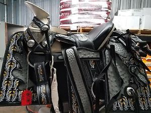 15" Montura Charra  gris - Mexican  - Horse Saddle - bordada - avestruz- #27390