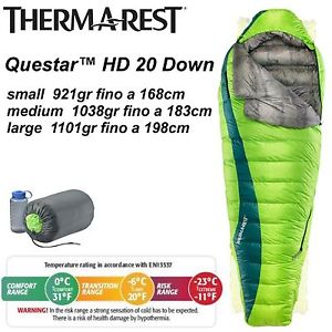 Thermarest Questar HD 20 Down Sleeping Bag Sacco a Pelo in Piuma Caldo Leggero