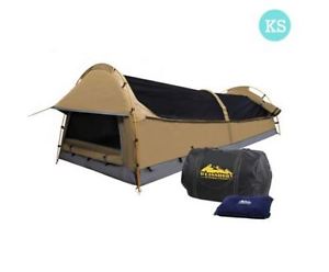 NEW KING SINGLE CAMPING CANVAS SWAG TENT BEIGE WITH AIR PILLOW WATERPROOF ZIP