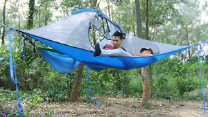 Hanging Tensile tree tent 4-Season Double Hammock with Removable rainfly(Blue)
