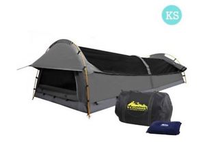 NEW KING SINGLE CAMPING CANVAS SWAG TENT GREY W/ AIR PILLOW WATERPROOF ZIP CAMP