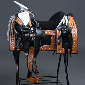 BLACK MEXICAN LEATHER SADDLE 16" WITH HEADSTALL BREAST COLLAR & SPUR STRAP