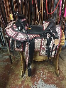 14" Montura Charra  Red & Brown - Mexican  - Horse Saddle - Bordado - #27571