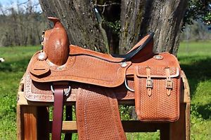 16" TOOLED WESTERN LEATHER PLEASURE TRAIL RANCH COWBOY HORSE SADDLE BAGS TACK