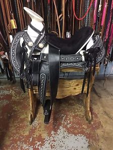 15"  Montura Charra- Black - Mexican - Horse Saddle - Navajeada - #27978