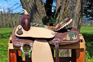 16" ROUGH OUT CAMO WESTERN LEATHER COWBOY TRAIL BARREL SHOW HORSE SADDLE TACK