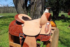 16" FLORAL TOOLED ROUGH OUT WESTERN LEATHER RANCH TRAIL COWBOY HORSE SADDLE TACK