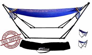 New! Double Hammock Blue With Sturdy Space Saving Steel Stand W/ Portable Bag