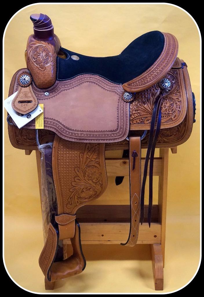 Circle S Roper Warrantied Show Quality Saddle Tan/ Black Suede Seat Oak Leaf 15"
