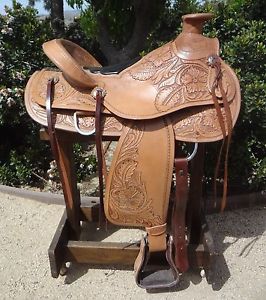 16" FLORAL TOOLED LEATHER  WADE STYLE SADDLE. RANCH, LIGHT  ROPING, TRAIL USE