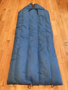 VINTAGE EDDIE BAUER GOOSE DOWN MUMMY SLEEPING BAG BLUE & GOLD OUTER BAG