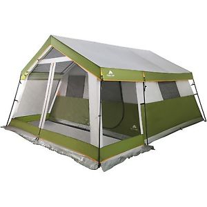 8 Person Outdoor Camping Family Cabin Tent w Screen Porch Grey Green Gable Roof