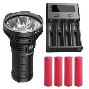 Acebeam X45 CREE XHP70 LED Flashlight w/I4 Charger & 4x Sanyo 3500mAh Batteries