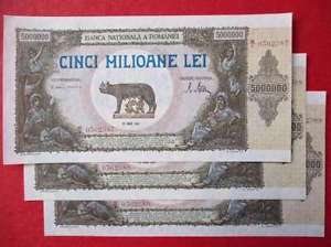 ROMANIA LOT 3x 5 000 000 LEI 1947 CONSECUTIVE SERIES  UNC