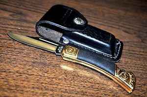 Maxam MX38 Lockback Knife Surgical Stainless Blade gold brass inlet handle Japn