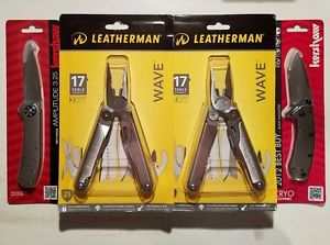 LEATHERMAN "WAVE" 17 TOOLS WITH LEATHER SHEATH × 2 + KERSHAW KNIVES × 2 = 4! WOW