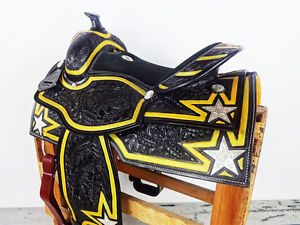 16" BLACK GOLD WESTERN COWBOY SILVER STAR LEATHER SHOW TRAIL PARADE SADDLE TACK