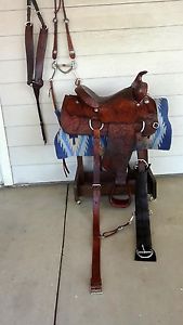 USED HAND TOOLED TEX TAN  HEREFORD SADDLE PACKAGE 15 1/2"
