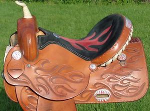 Rocking R 15" Custom FLAME Pattern Barrel Contest Saddle MATCHING Silver Tooling
